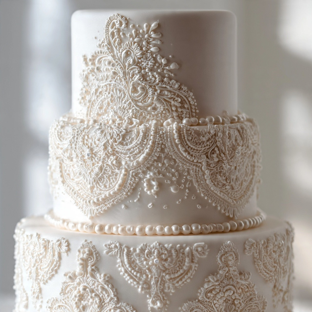 10 Stunning Wedding Cake Design Ideas That Make Every Celebration Unforgettable 11 Vintage Lace and Pearl Wedding Cake