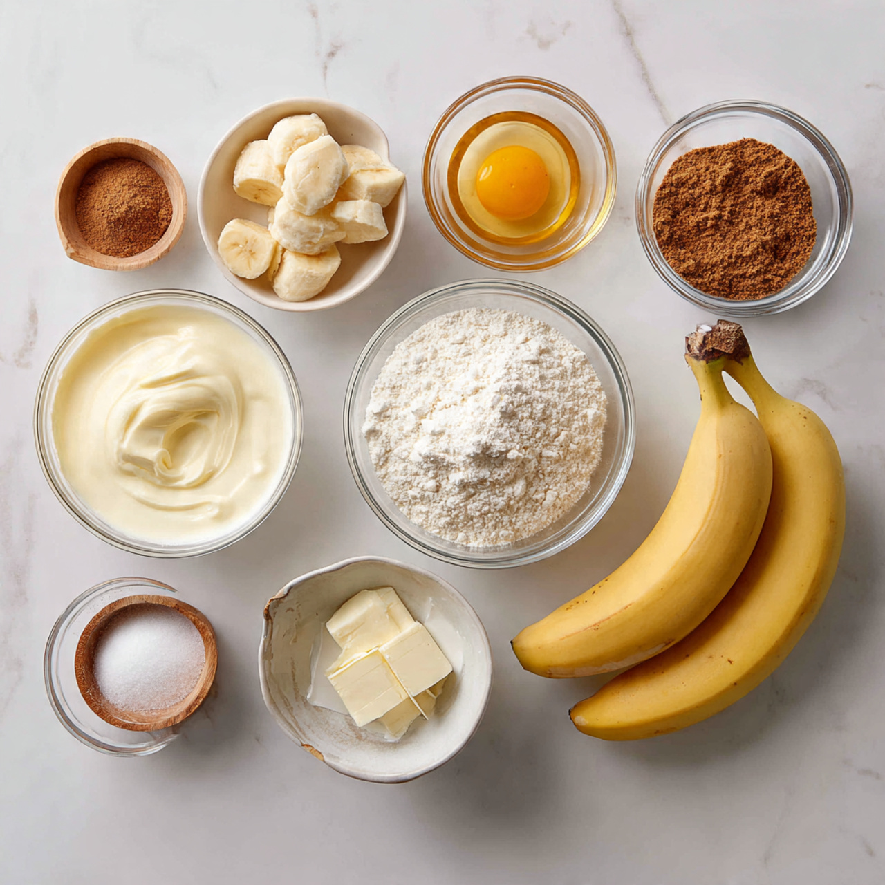 ingredients of banana cake recipe in glass bowls o