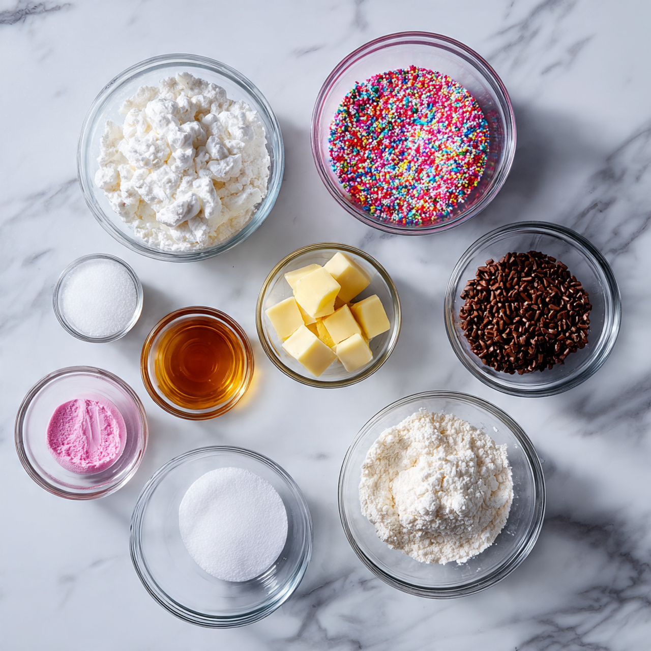 ingredients of bday cake recipe in glass bowls on