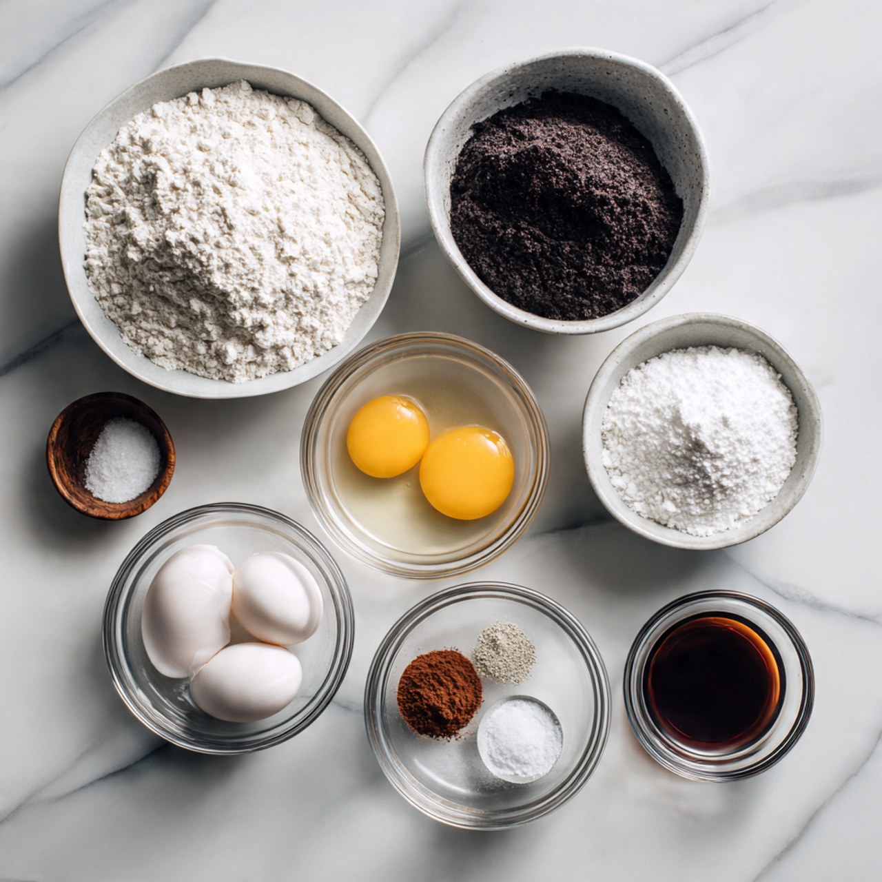 ingredients of black cake recipe in glass bowls on