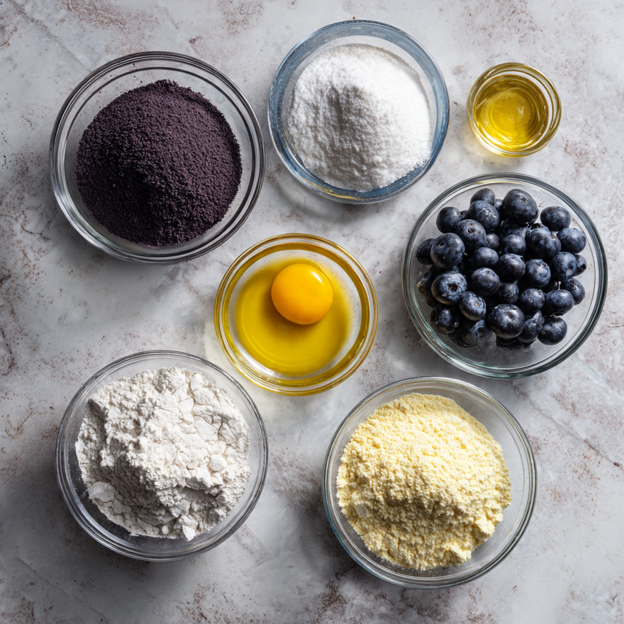 ingredients of blueberry cake recipe in glass bowl