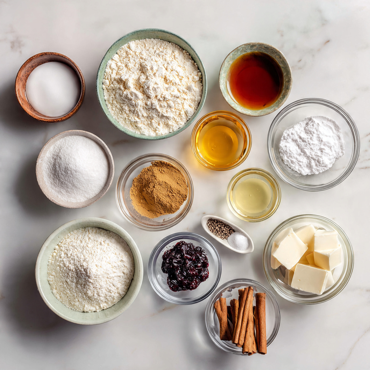 ingredients of cake toppers recipe in glass bowls