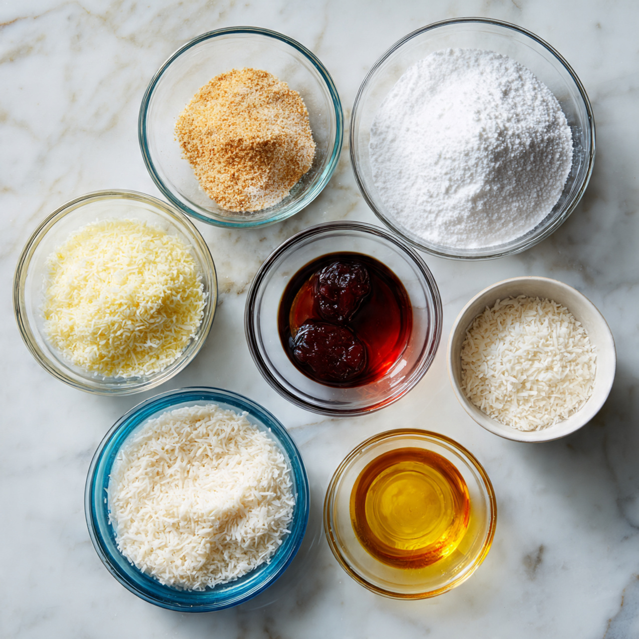 ingredients of coconut cake recipe in glass bowls
