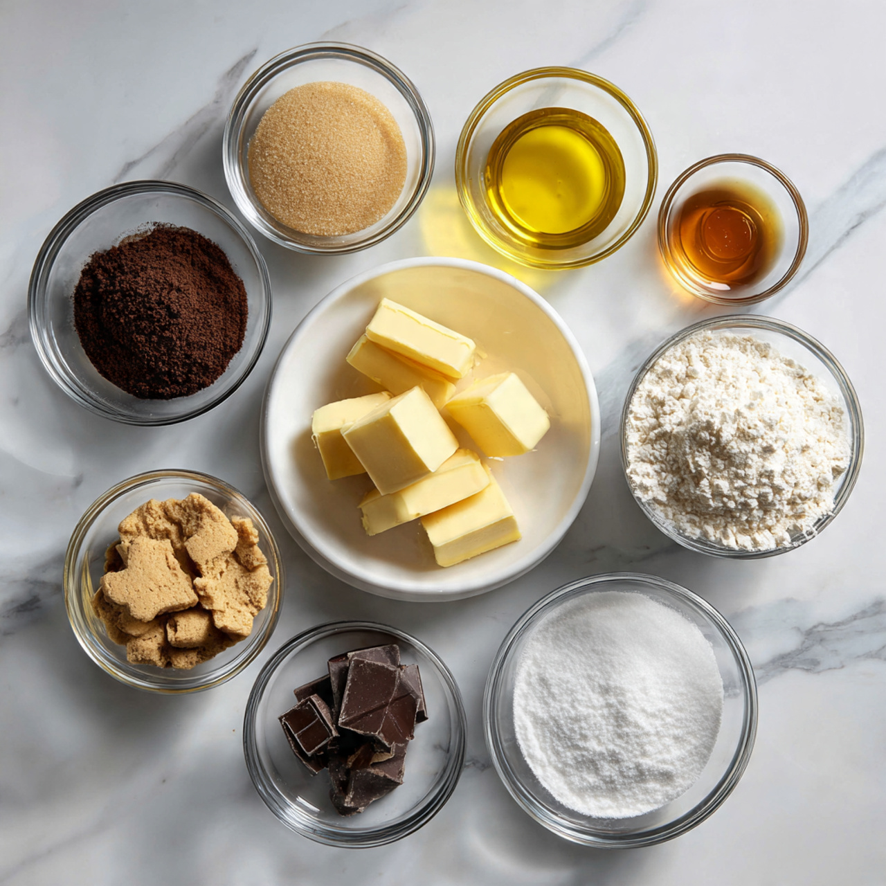 ingredients of cookie cake recipe in glass bowls o