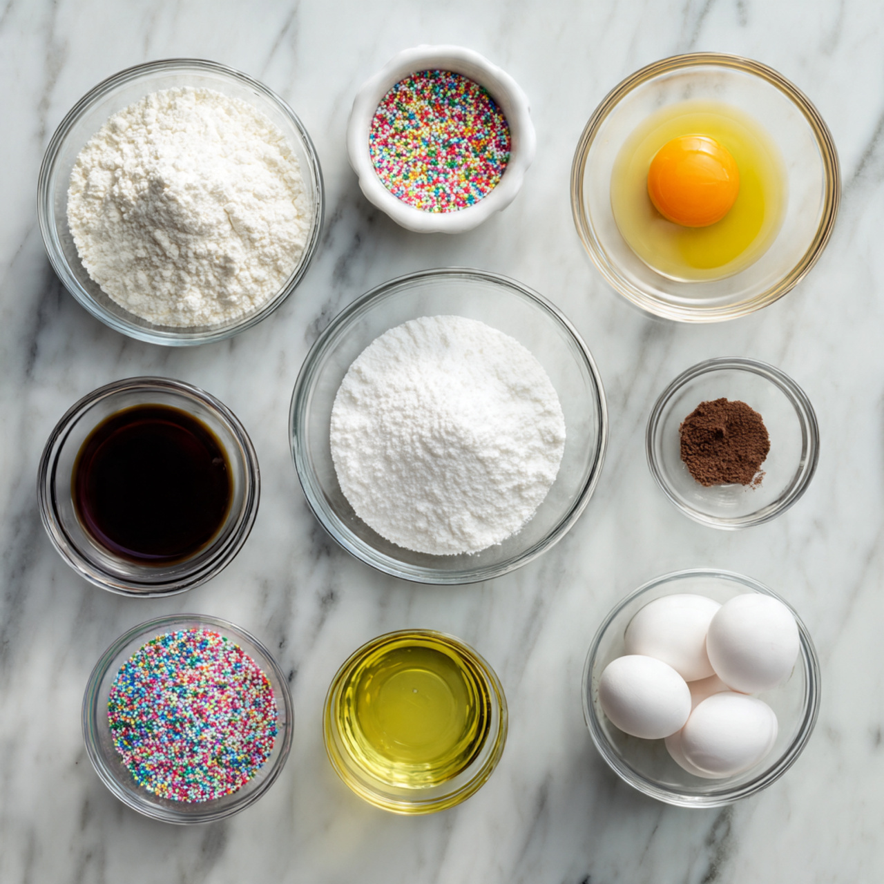 ingredients of cute cake recipe in glass bowls on