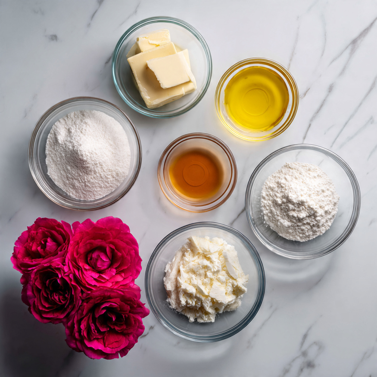 ingredients of floral cake recipe in glass bowls o