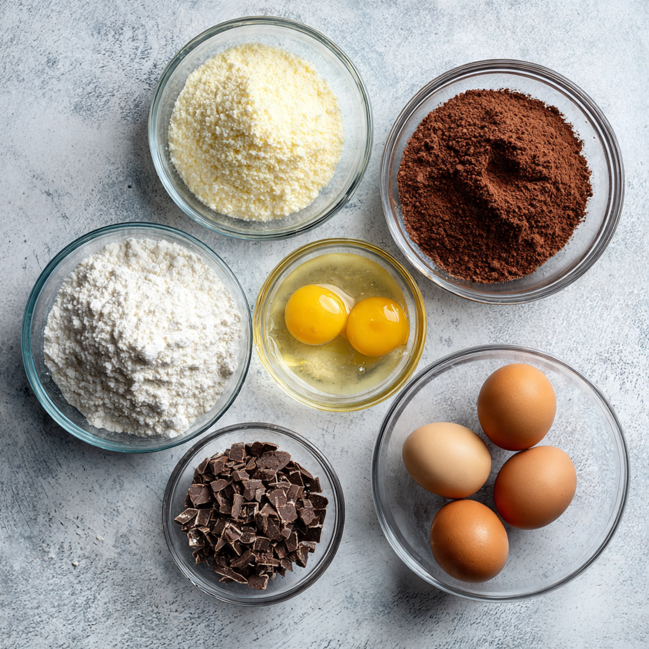 ingredients of football cake recipe in glass bowls
