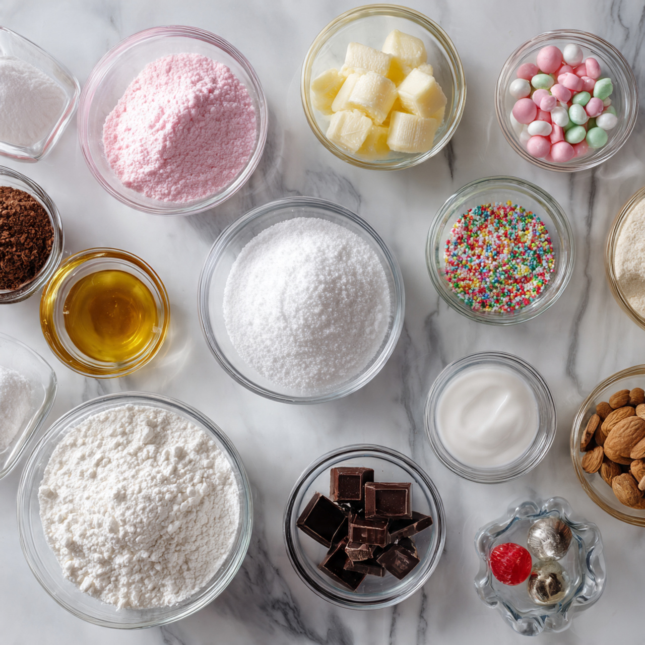 ingredients of jellycat cake recipe in glass bowls