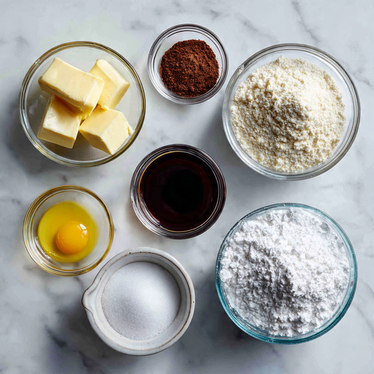 ingredients of layer cake recipe in glass bowls on
