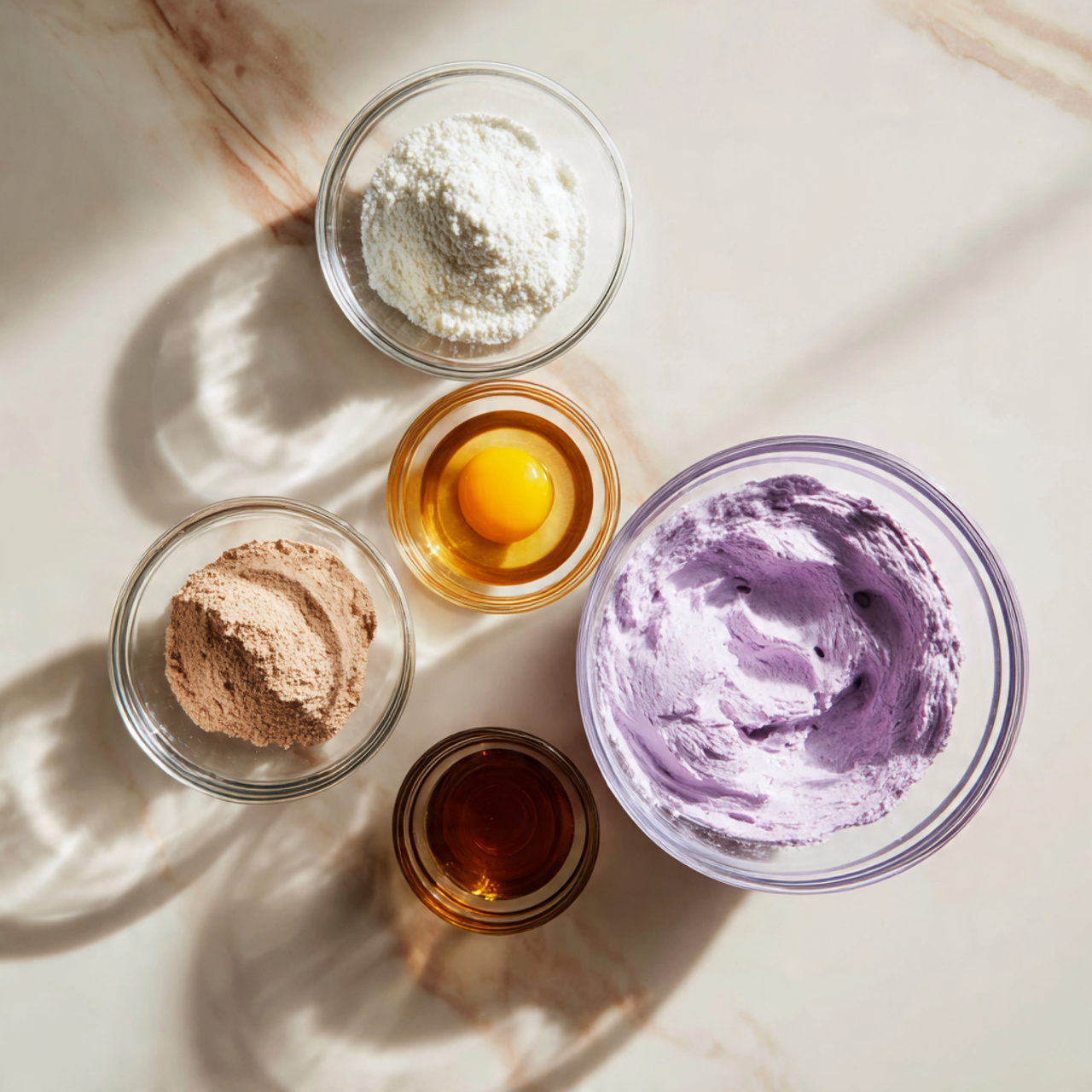 Purple Cake 2 ingredients of purple cake recipe in glass bowls o