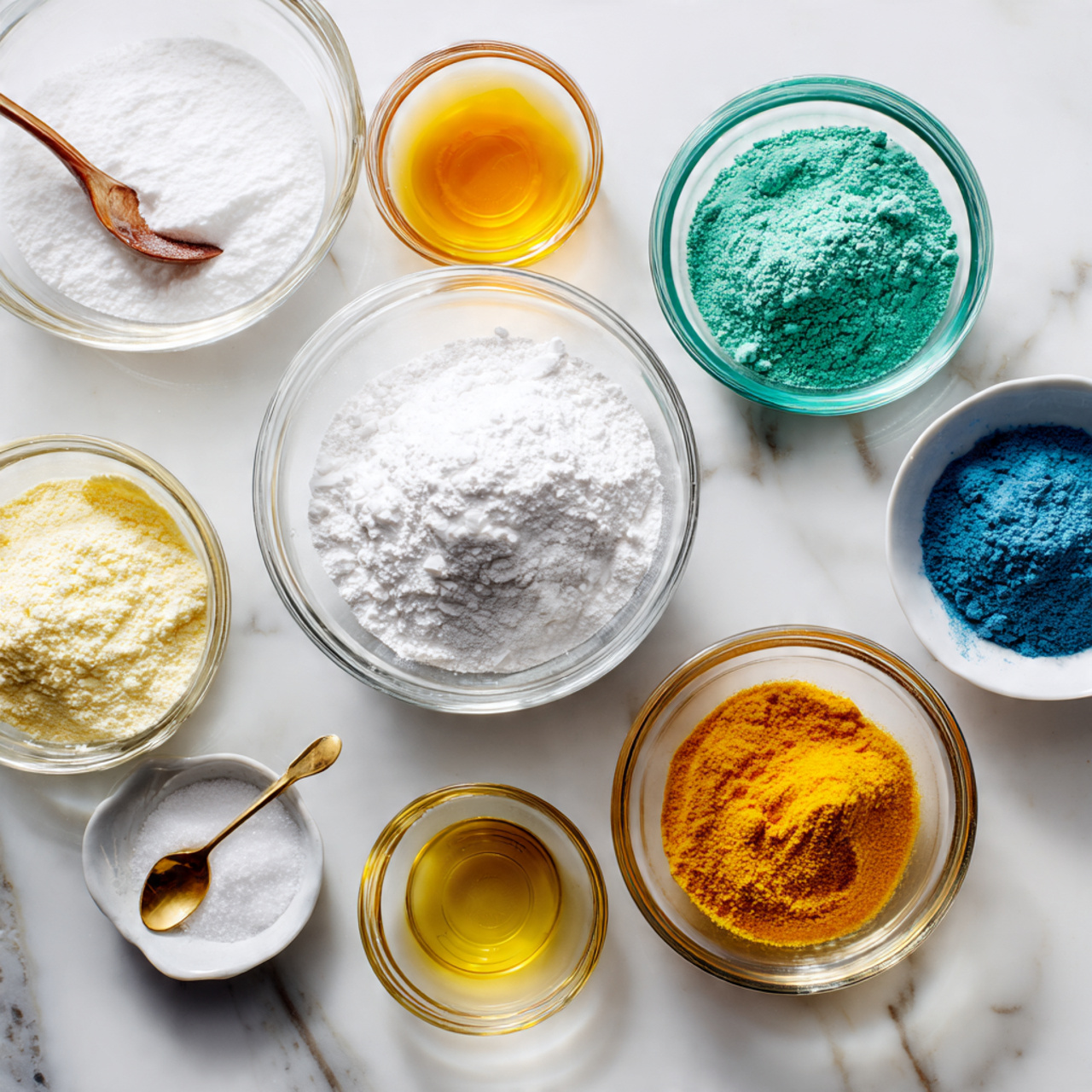 ingredients of sonic cake recipe in glass bowls on