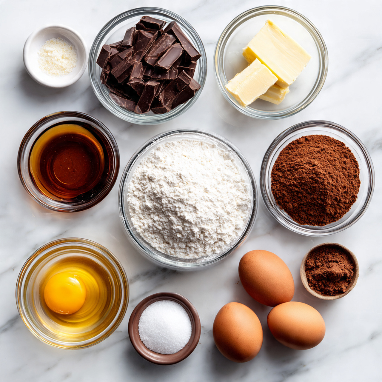 ingredients of texas sheet cake recipe in glass bo