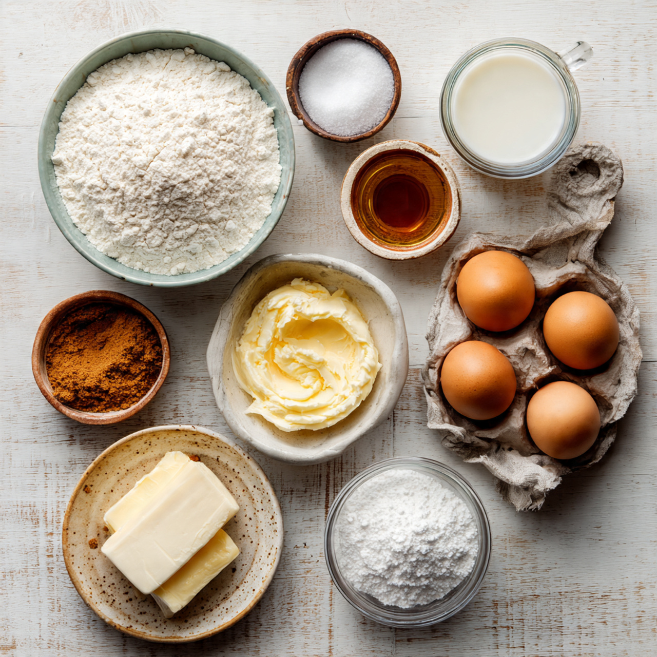 top down flat lay of simple cake ingredients arran