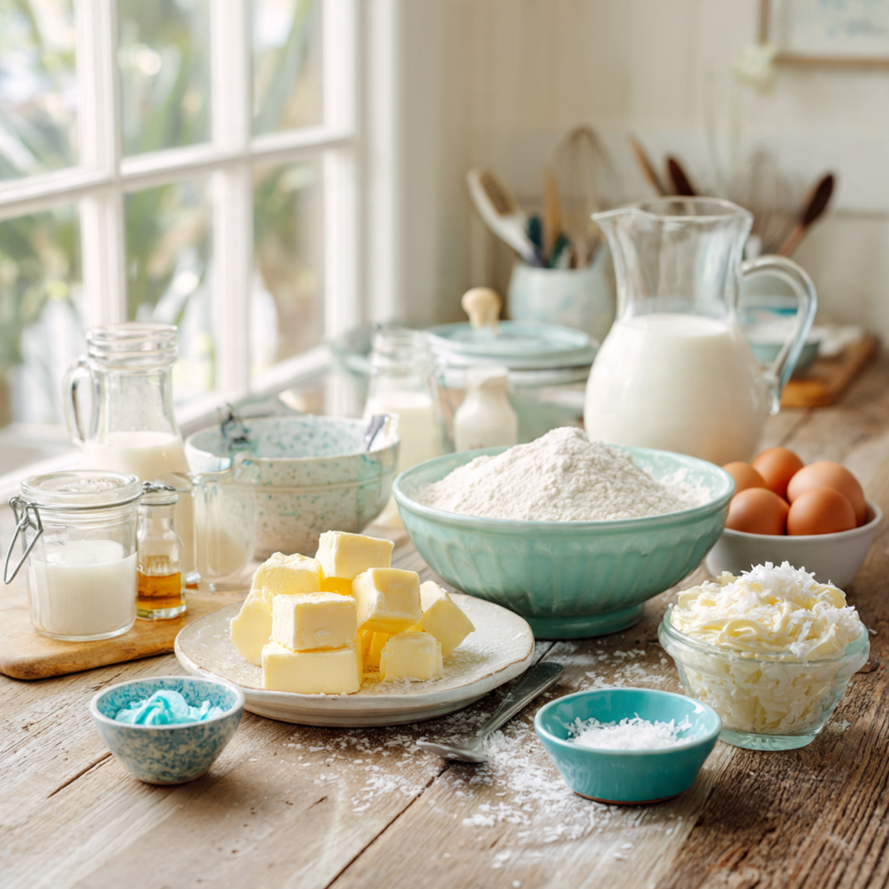 a bright cozy kitchen scene with neatly arranged b