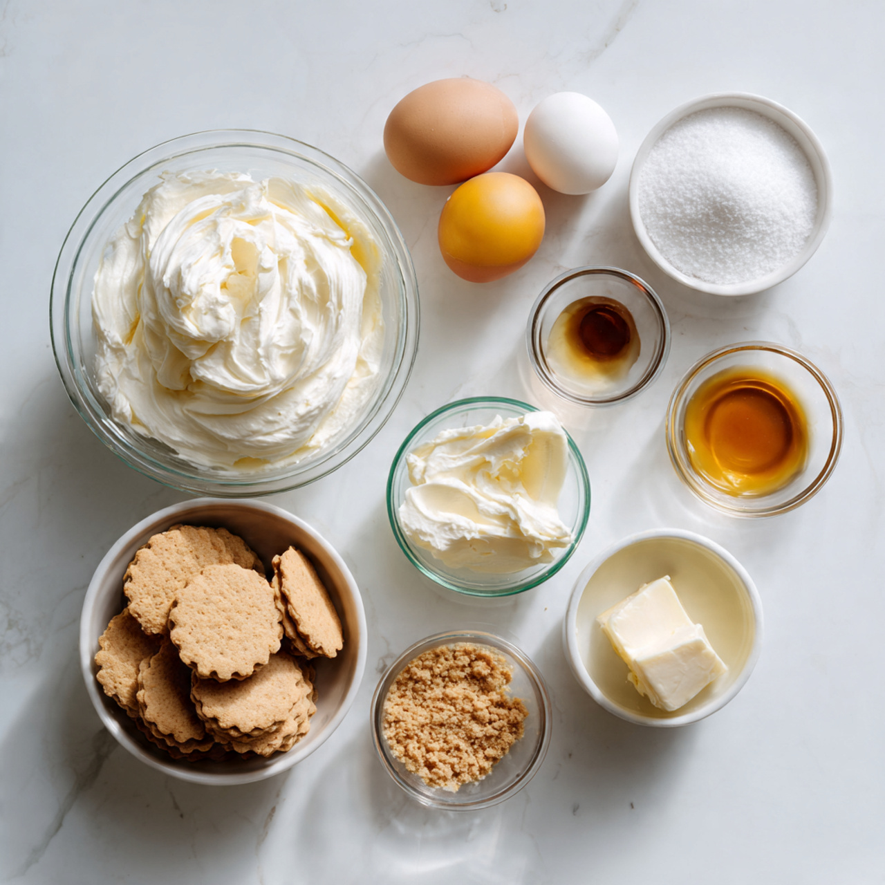 a bright natural light flat lay of mini cheesecake