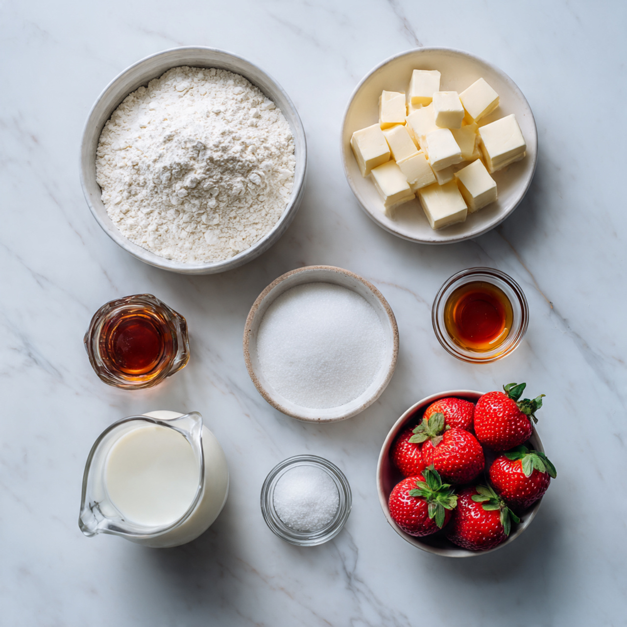 a flat lay of simple baking ingredients arranged n