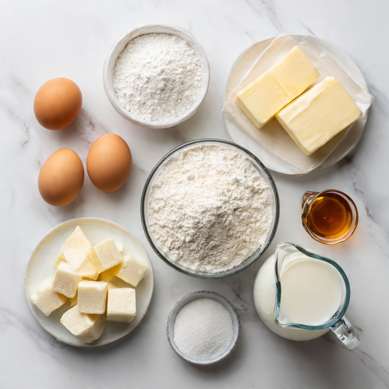 a neat flat lay of baking ingredients arranged on