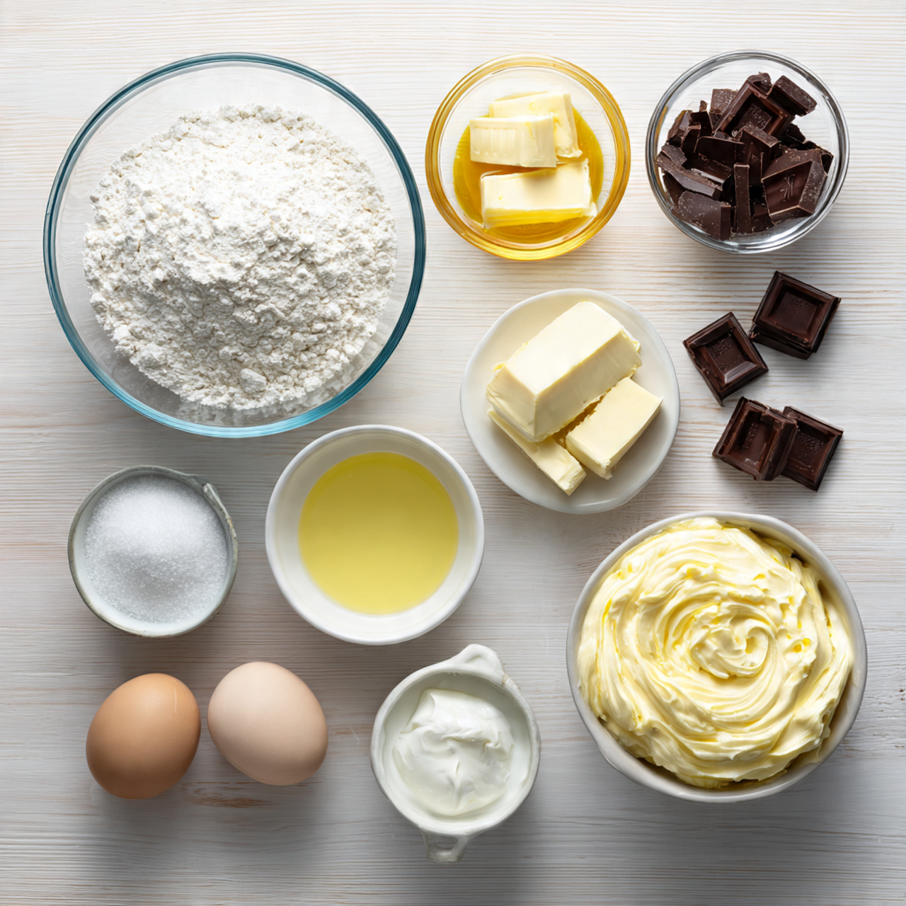 a neatly arranged flat lay of baking ingredients f