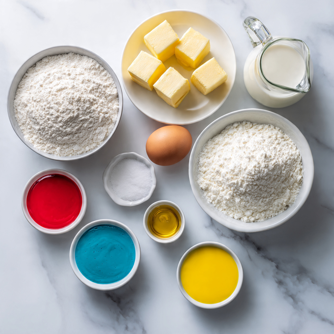 all ingredients for a colorful layered vanilla cak