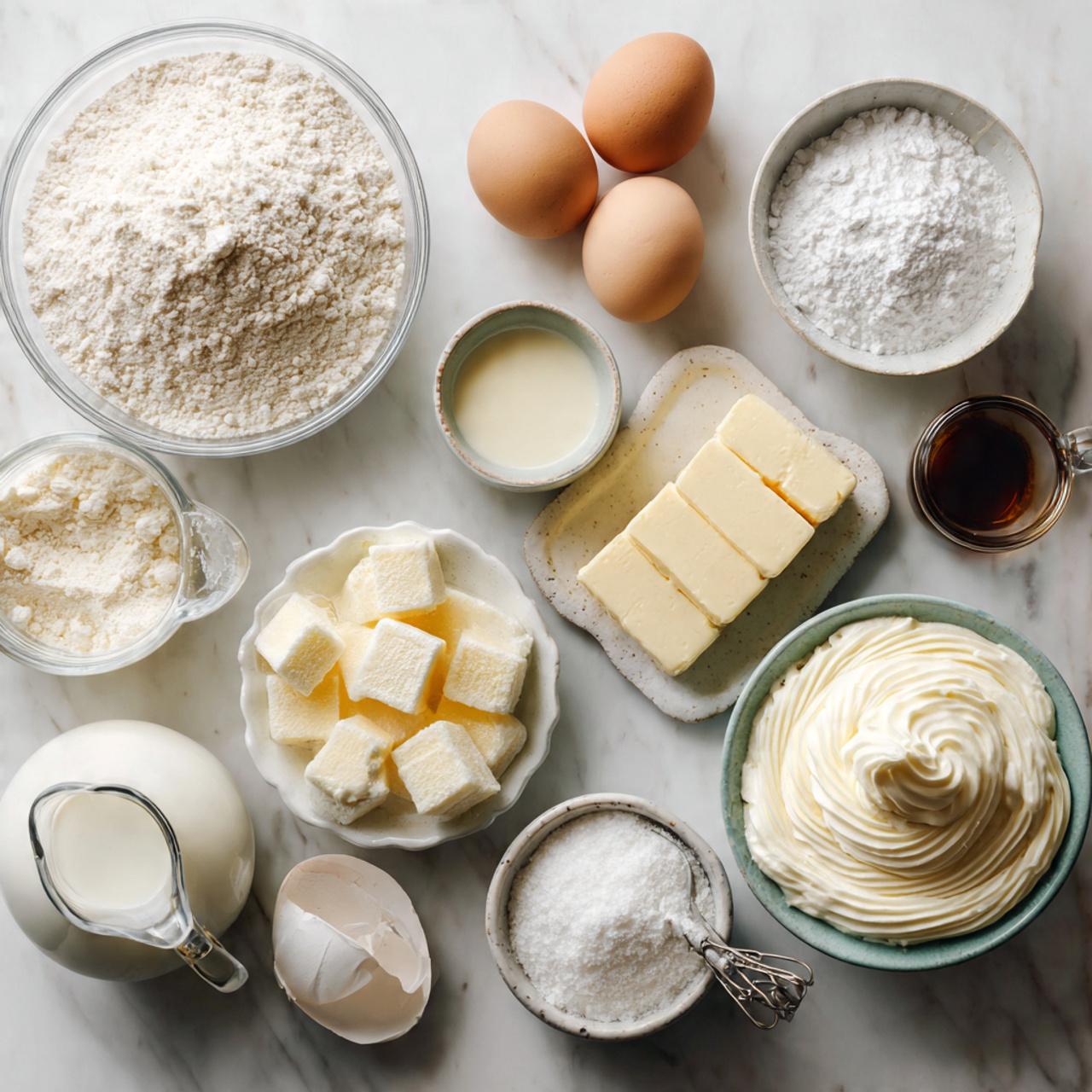all ingredients for a crochet cake neatly arranged
