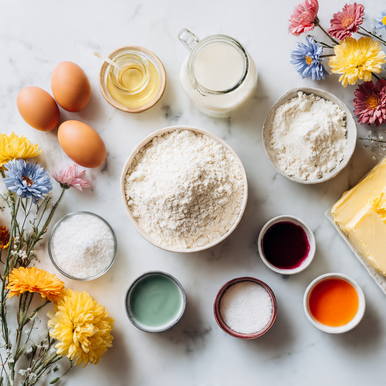 all ingredients for a flower birthday cake neatly