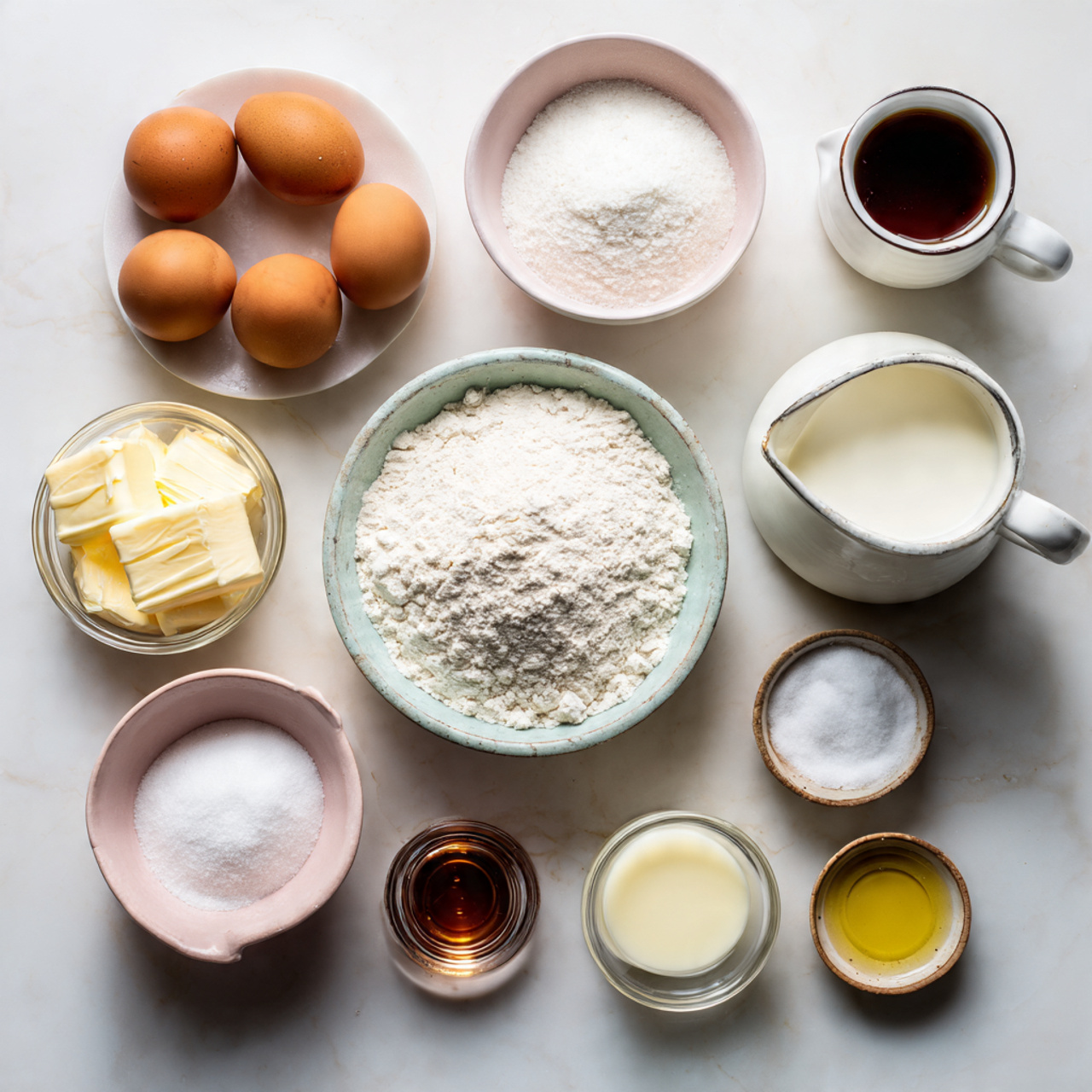 all ingredients for a homemade girl cake neatly ar