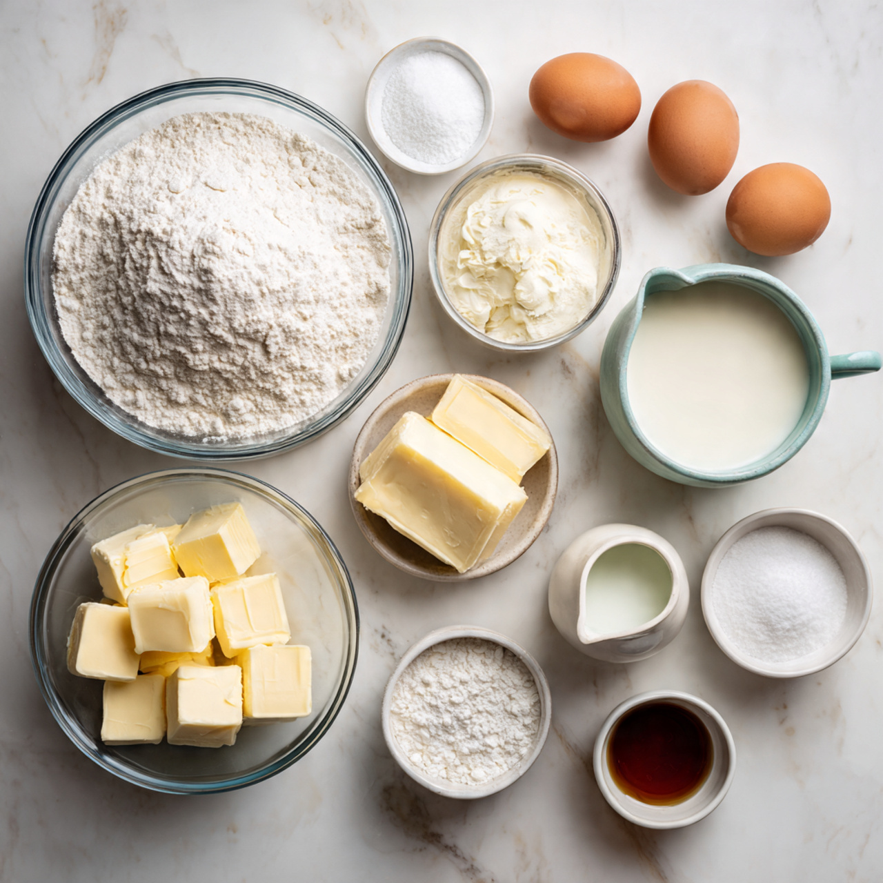 all ingredients for a simple homemade cake neatly