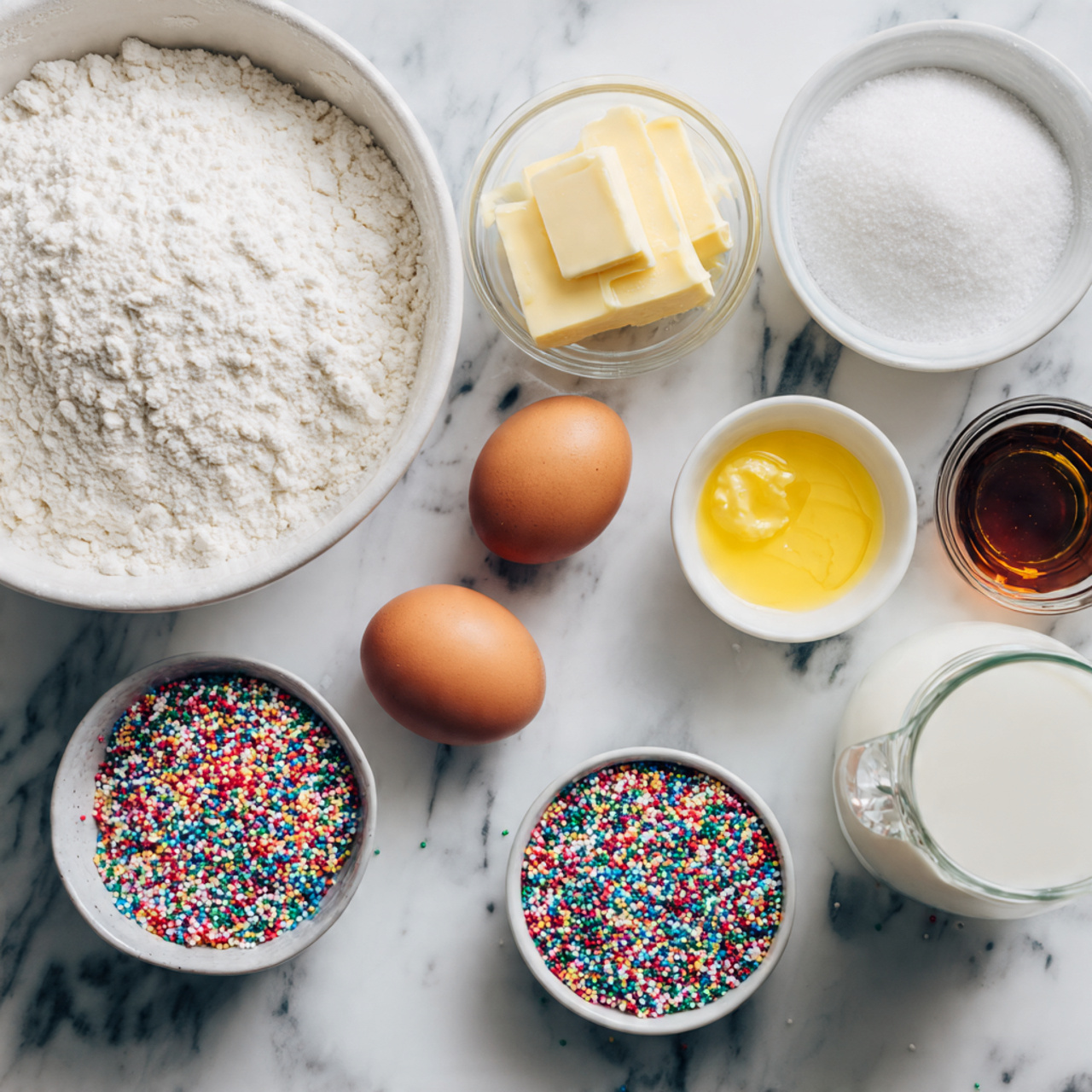 all ingredients for a sprinkle cake neatly arrange