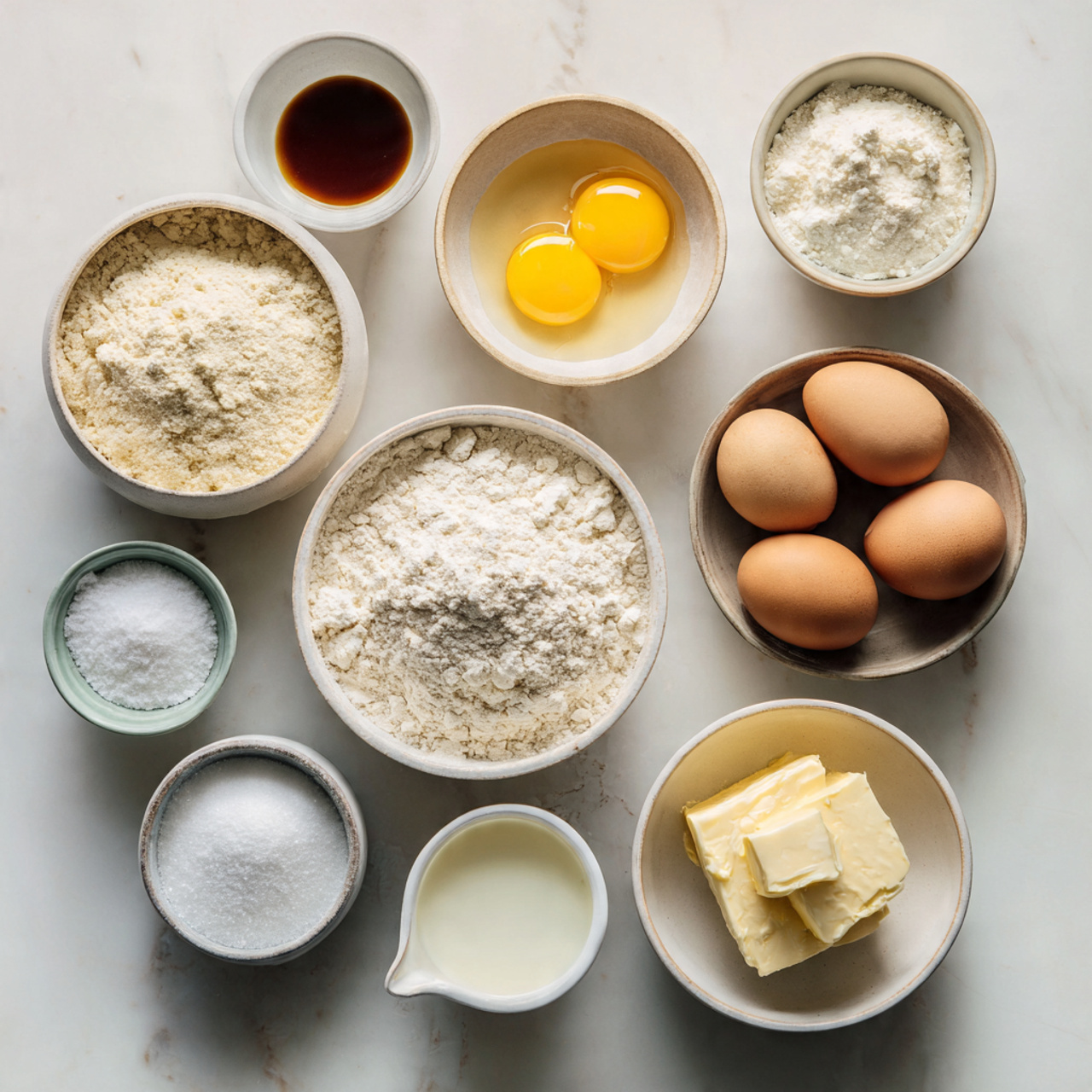 all ingredients for a yellow cake neatly arranged