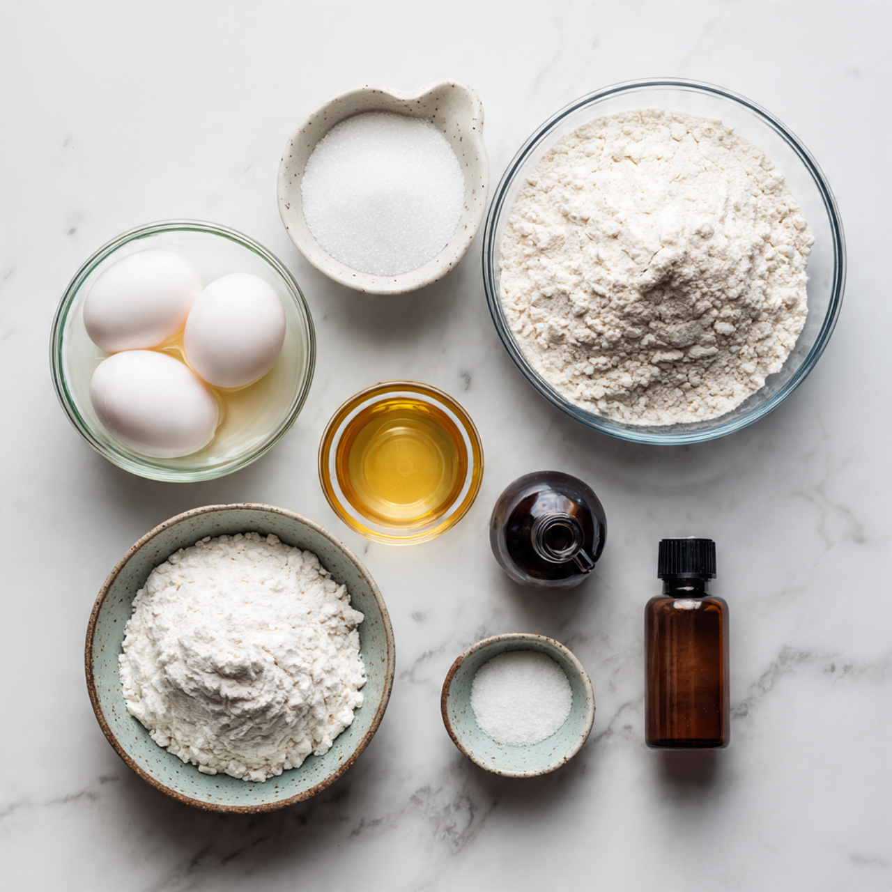 all ingredients for angel cake neatly arranged on 1