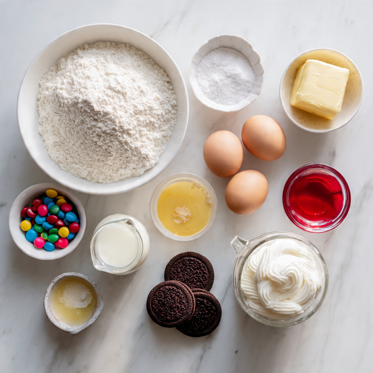 all ingredients for baking a mcqueen cake neatly a