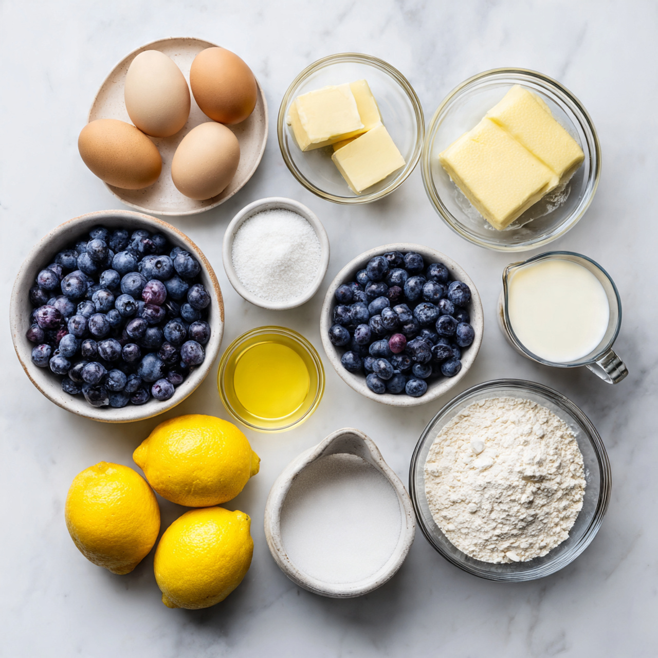 all ingredients for blueberry lemon cake neatly ar