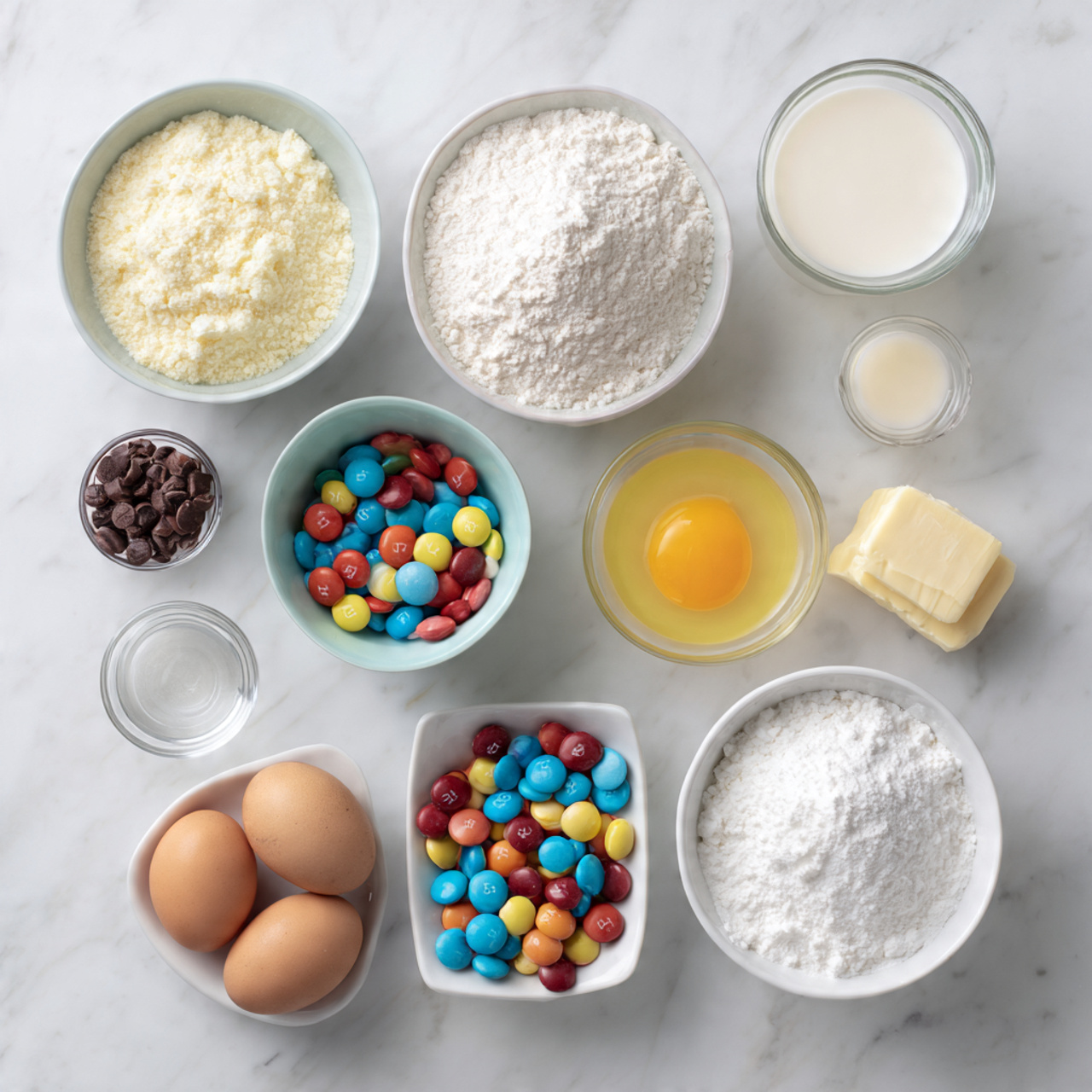 all ingredients for candy cake neatly arranged on