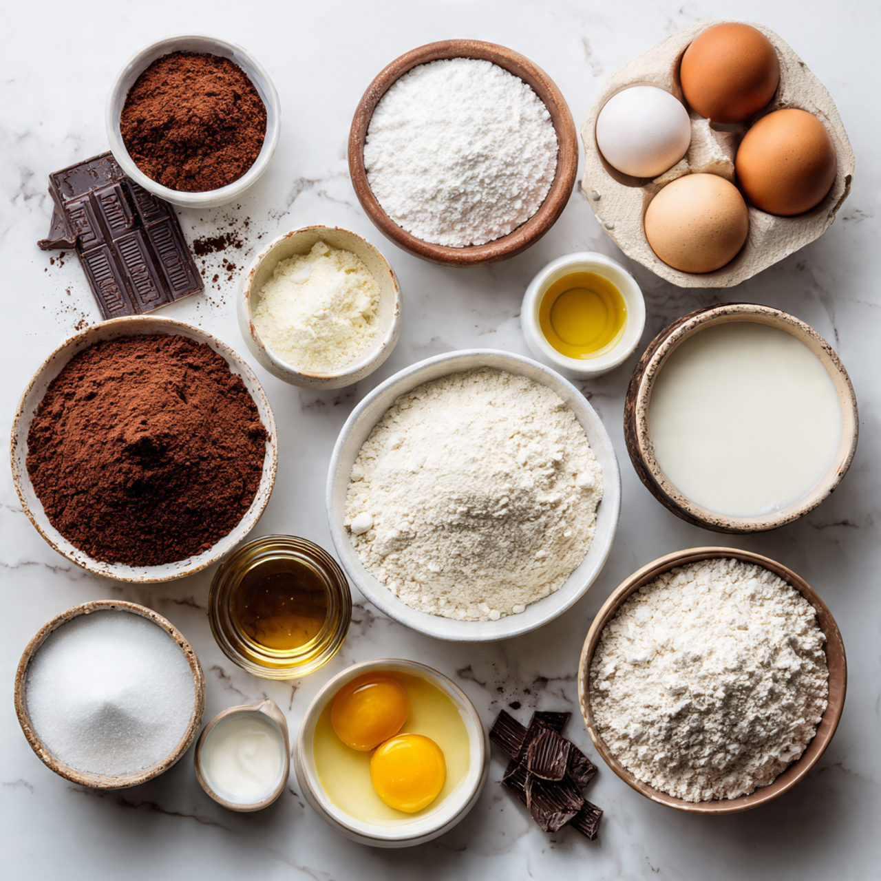 all ingredients for chocolate birthday cake neatly
