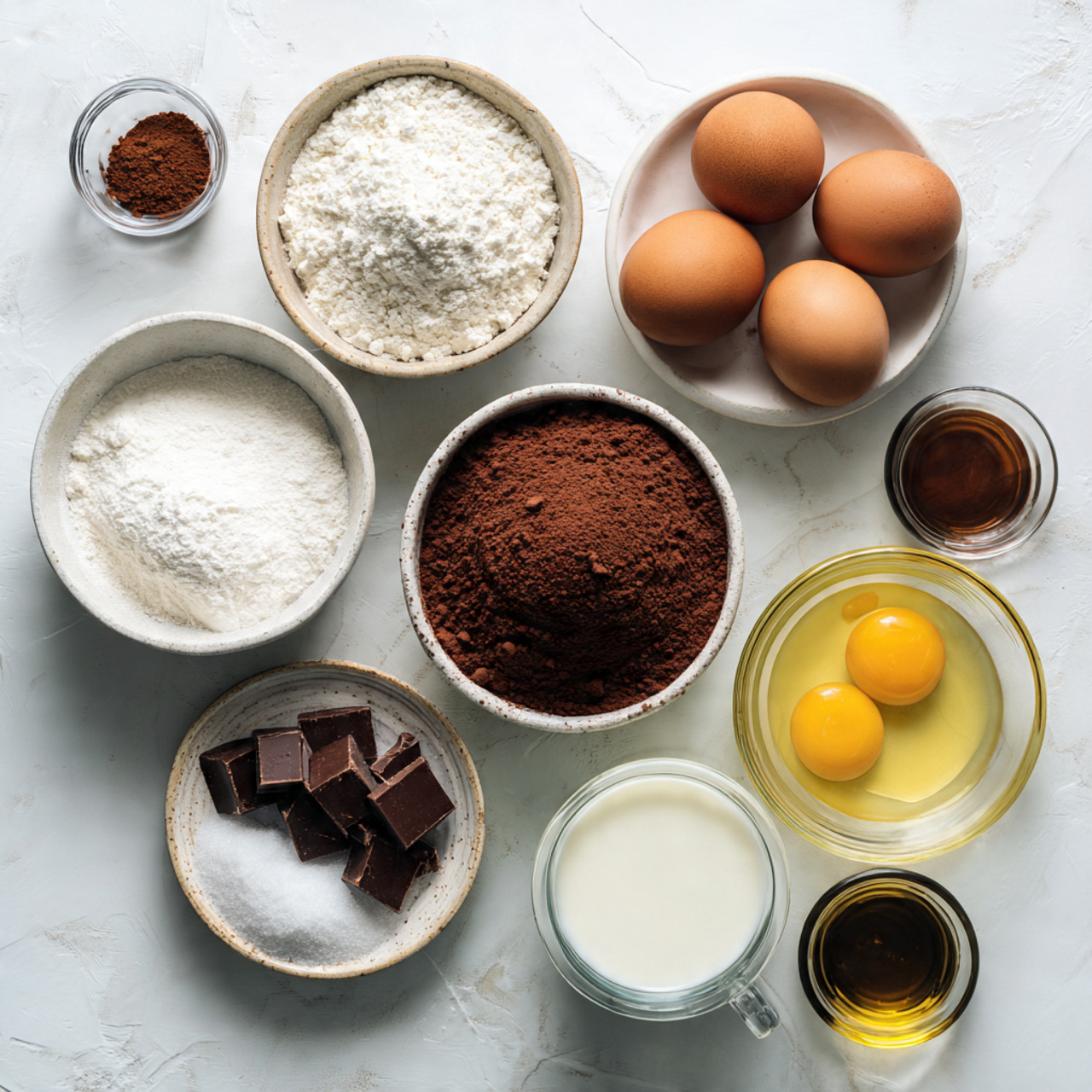all ingredients for chocolate cake neatly arranged