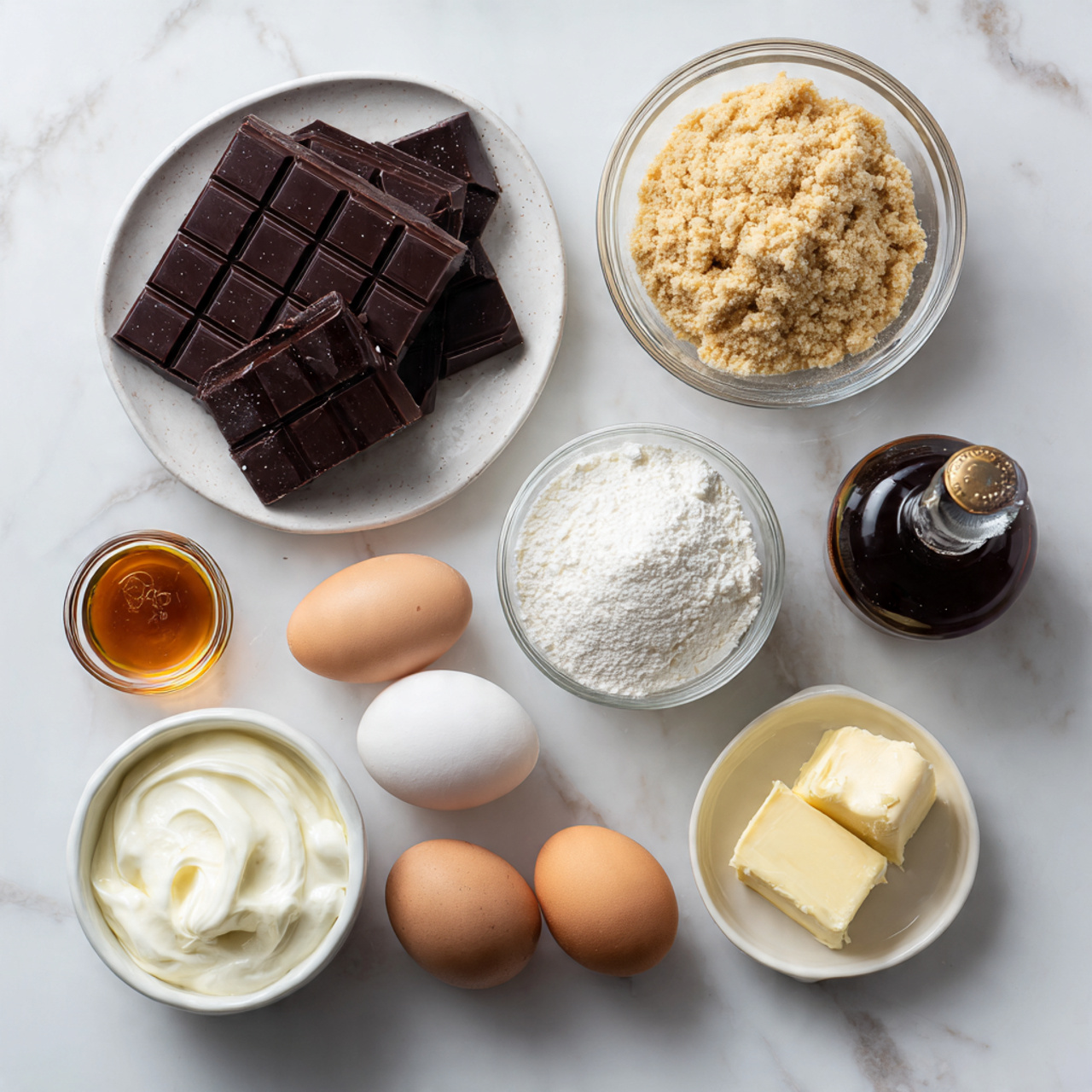 all ingredients for chocolate mousse cake neatly a