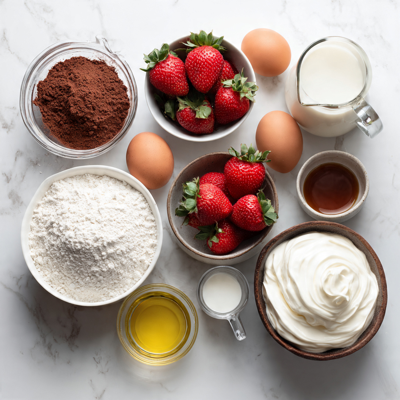 all ingredients for chocolate strawberry cake neat
