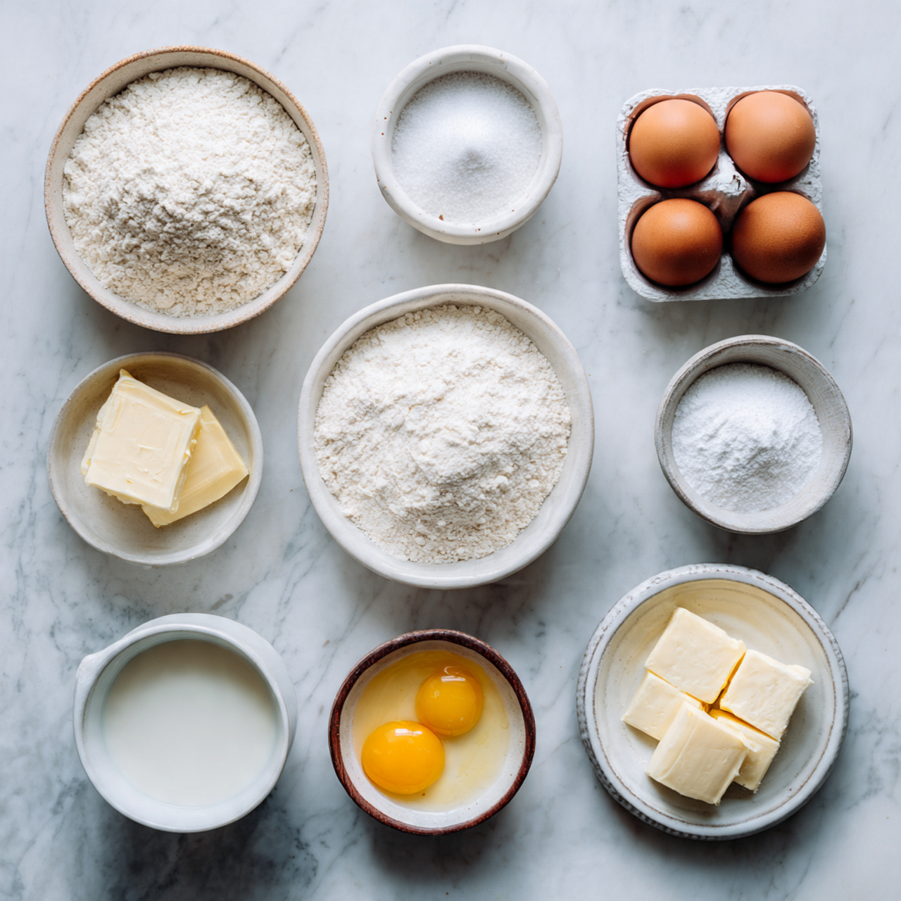 all ingredients for paper cake arranged neatly on