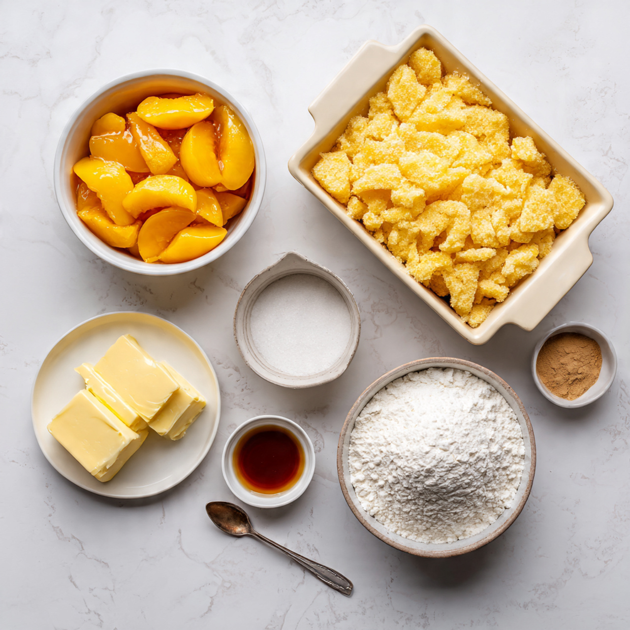 all ingredients for peach dump cake neatly arrange