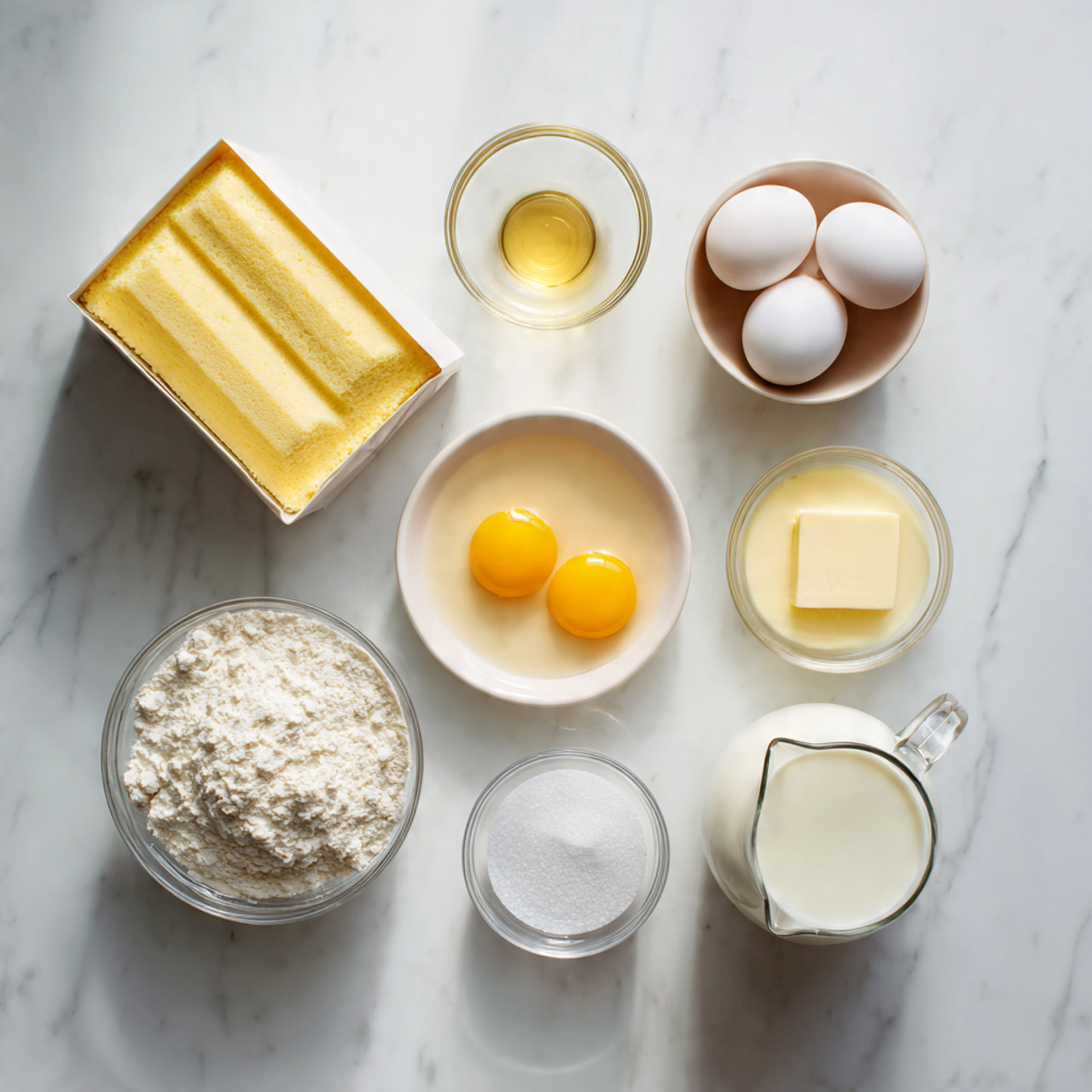 Yellow Cake Mix Recipes 2 all ingredients for yellow cake neatly arranged on