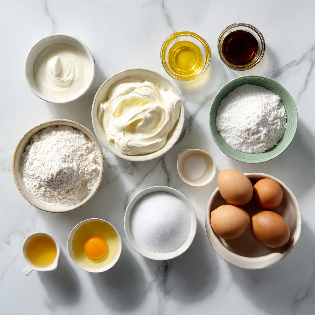 all ingredients for yogurt cake neatly arranged on