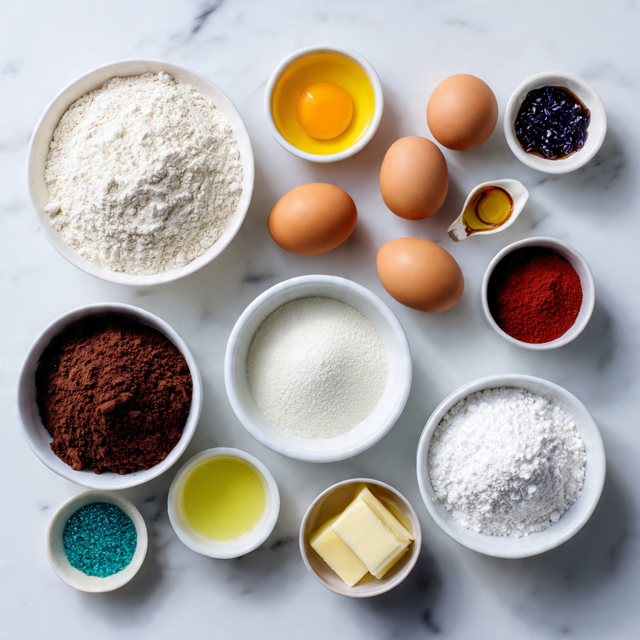 all ingredients neatly arranged on a white marble