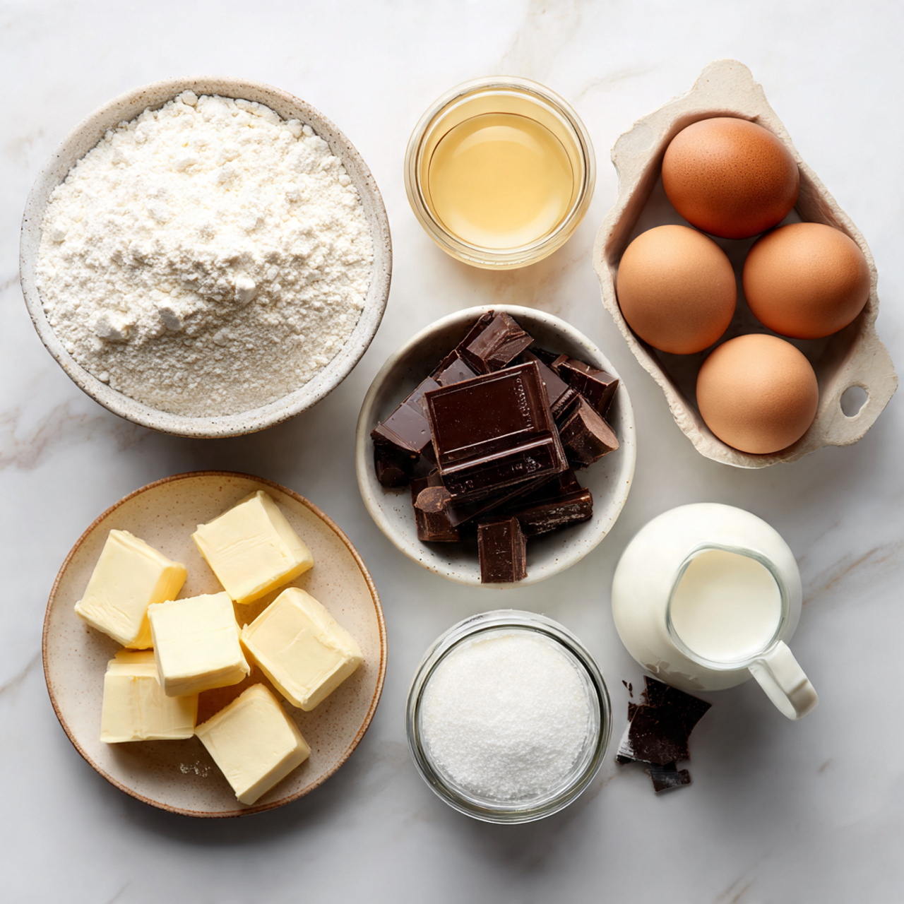 baking ingredients neatly arranged on a white marb