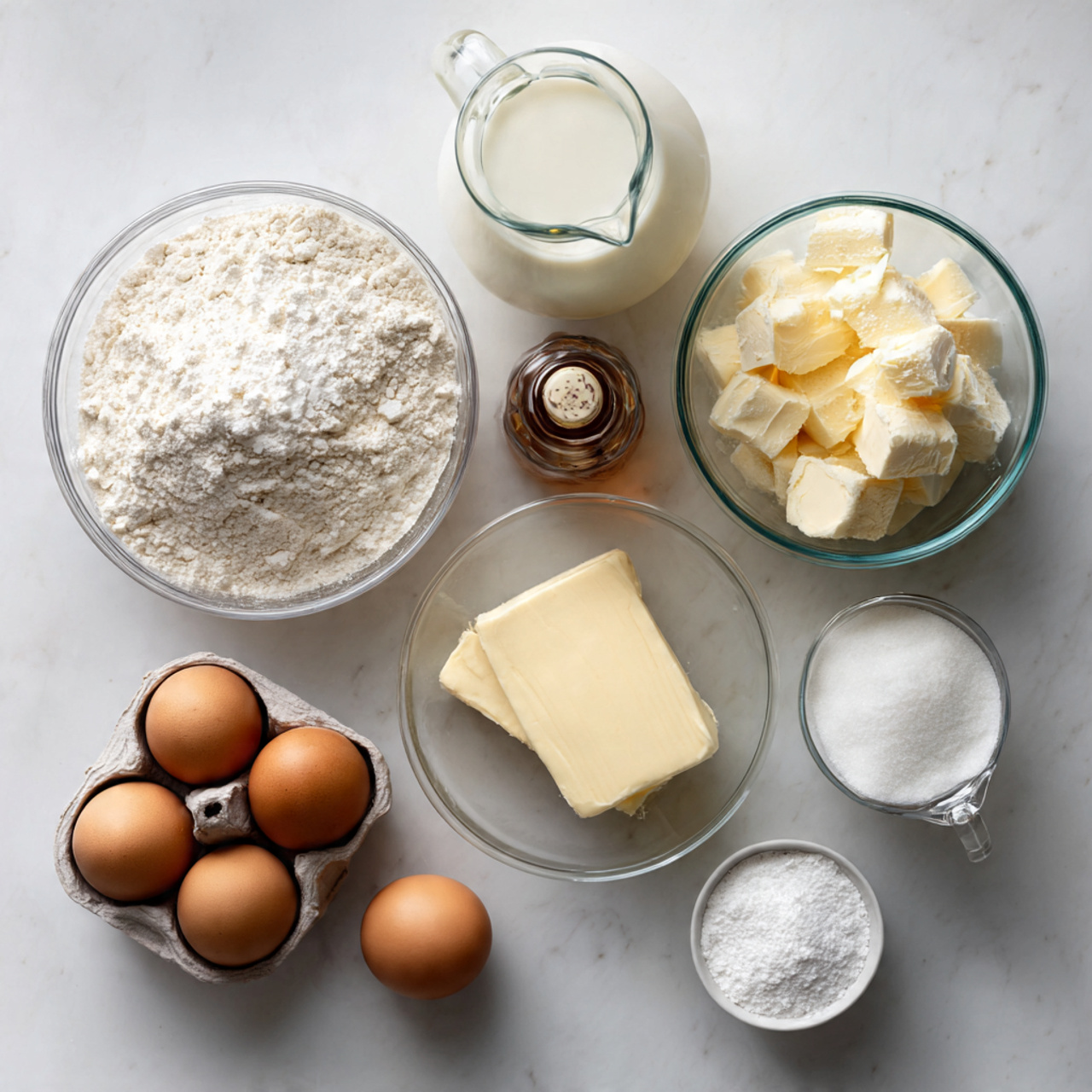 Rustic Wedding Cake 2 flat lay of baking ingredients on a clean white ma