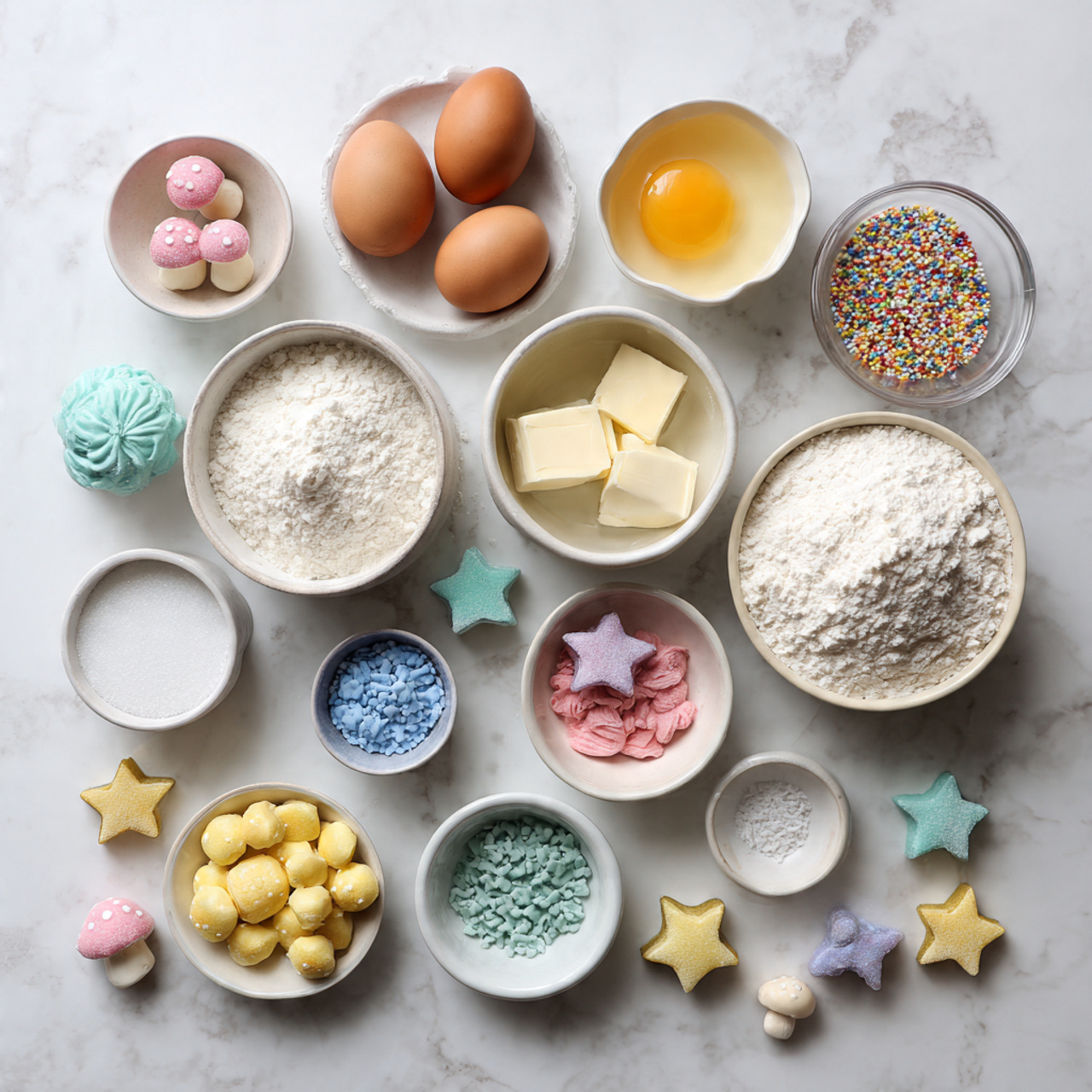 flat lay of baking ingredients on a white marble s