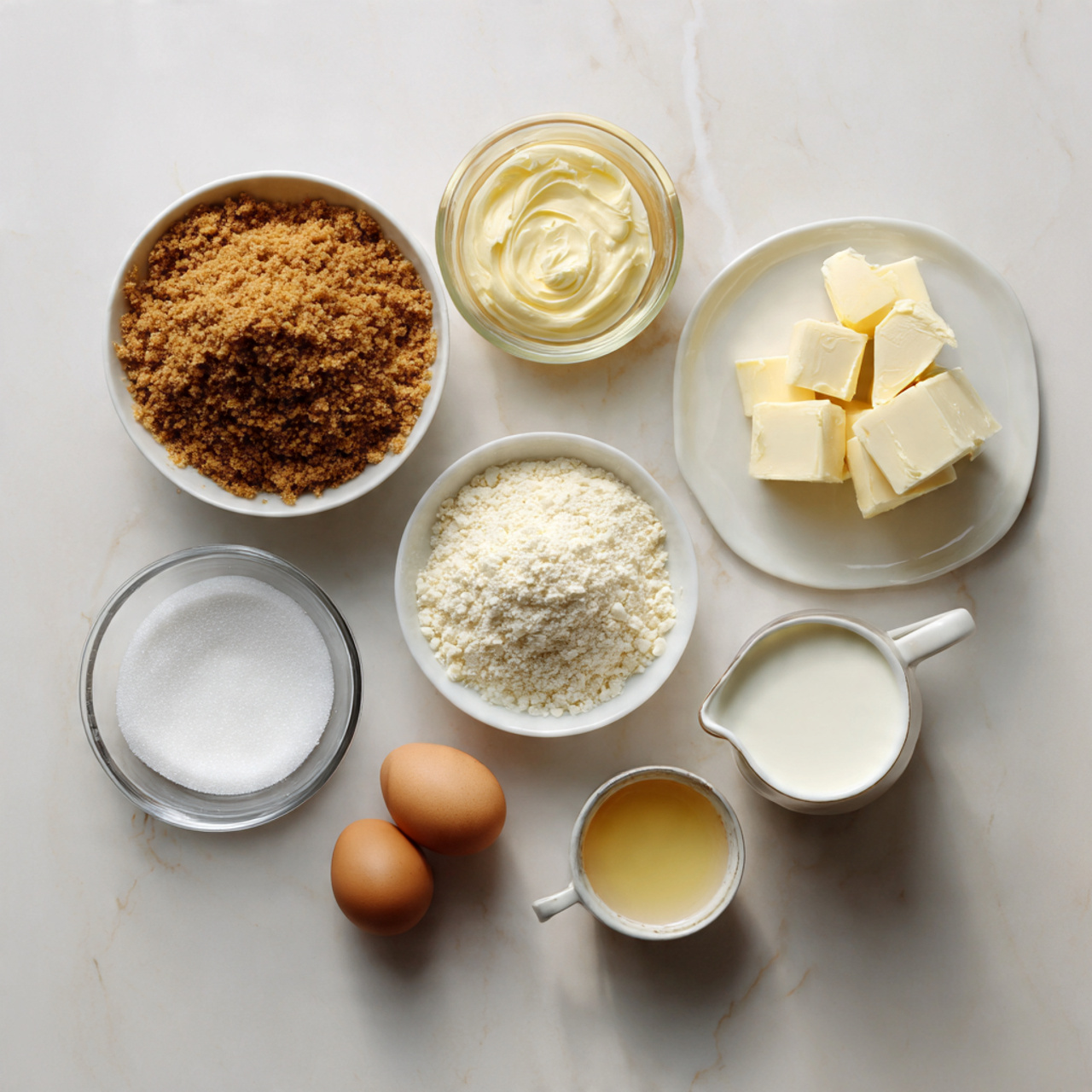 flat lay of cheesecake bar ingredients on a white