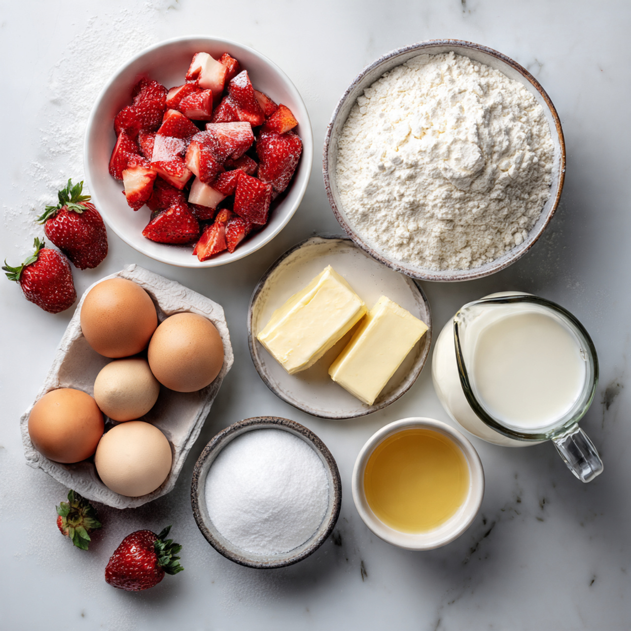 Cake Strawberry 2 fresh baking ingredients neatly arranged on a whit