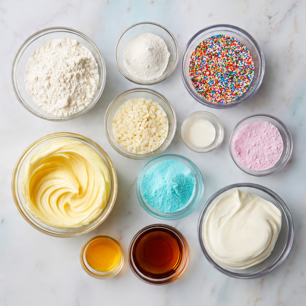 1st Birthday Cake 2 ingredients of 1st birthday cake in glass bowls on