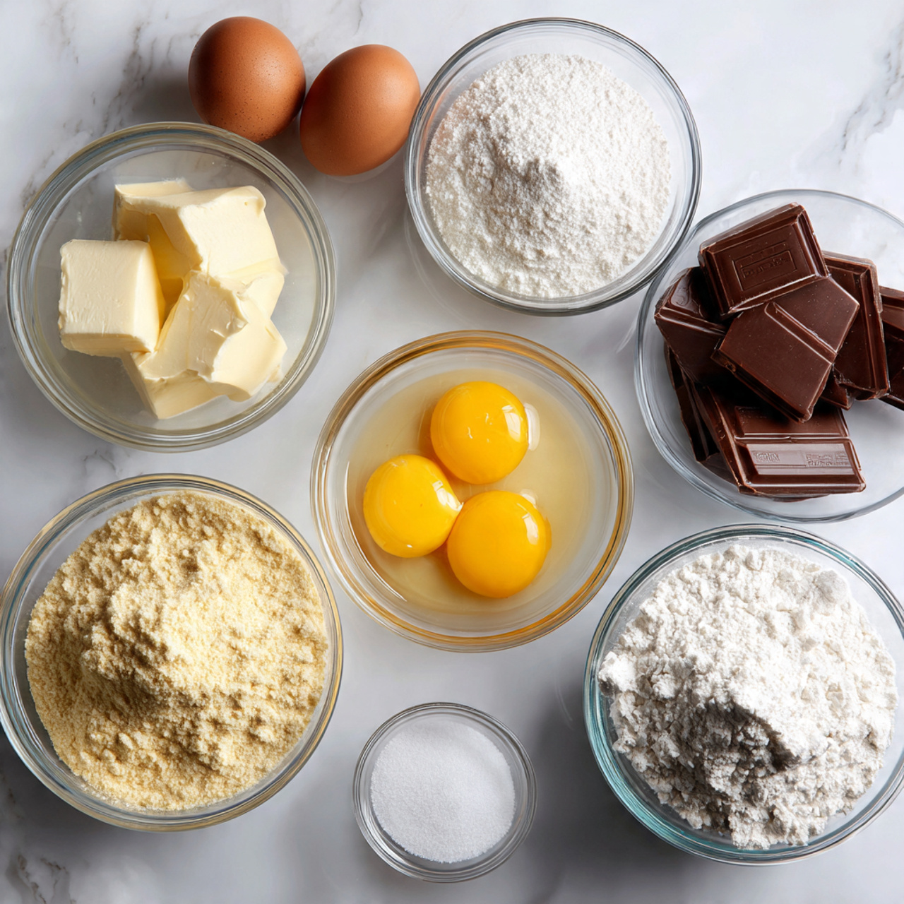 ingredients of book cakee recipe in glass bowls on