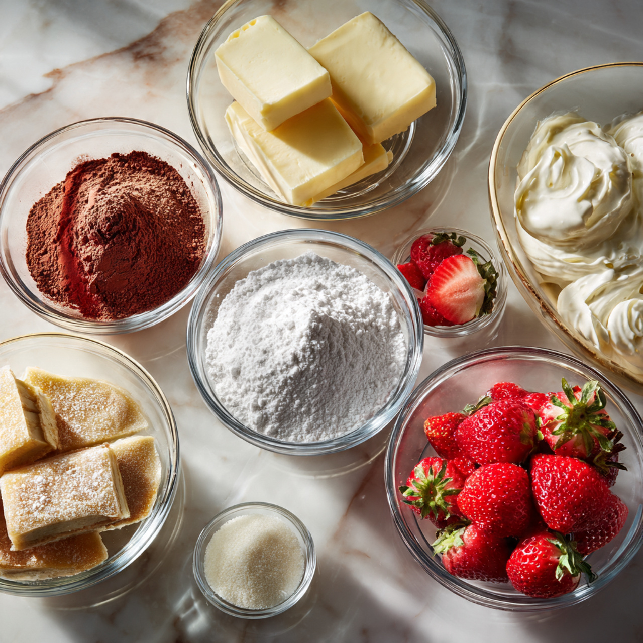ingredients of cake designs for men in glass bowls